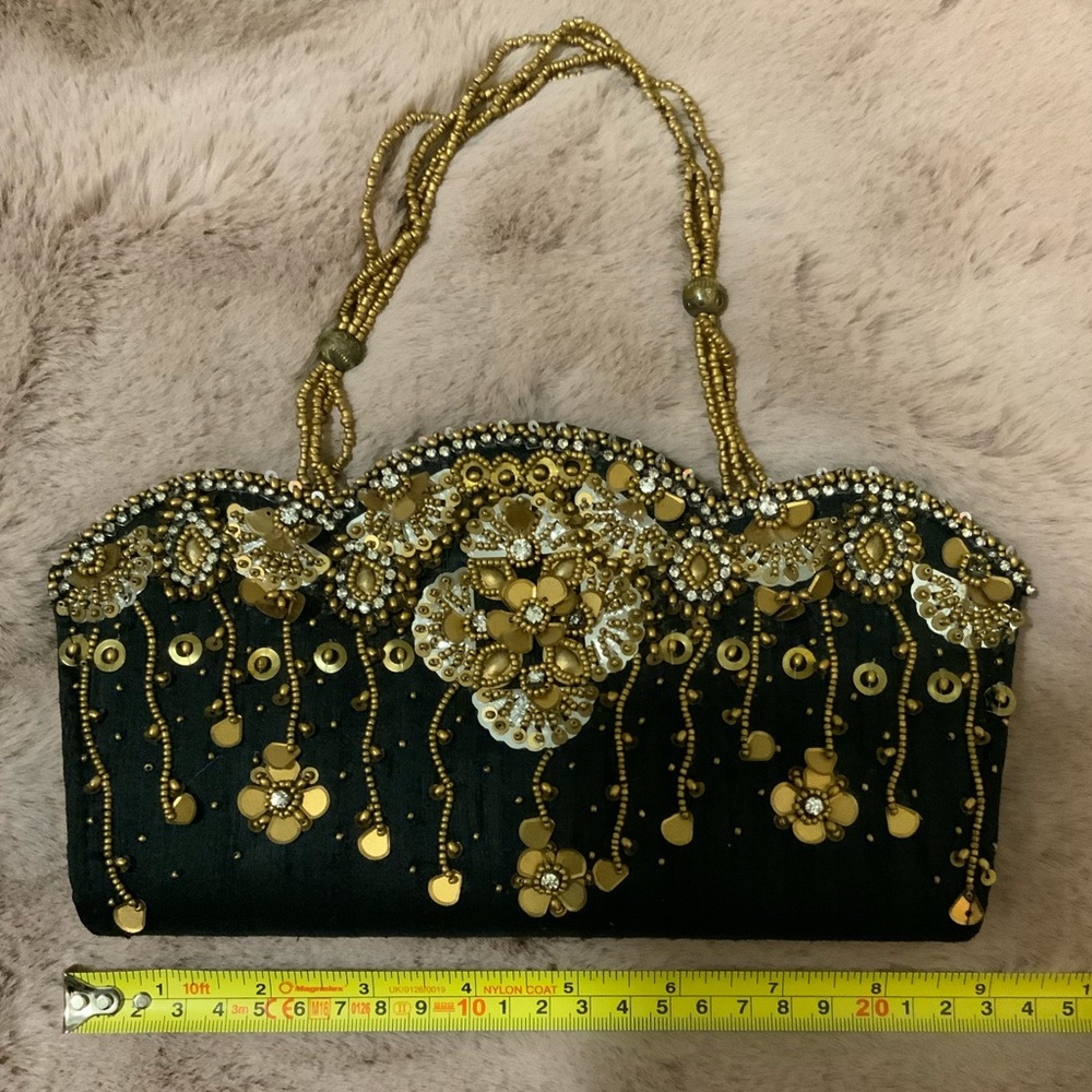 Gold Silver Beaded Sequined Black Clutch Purse Beaded Strap